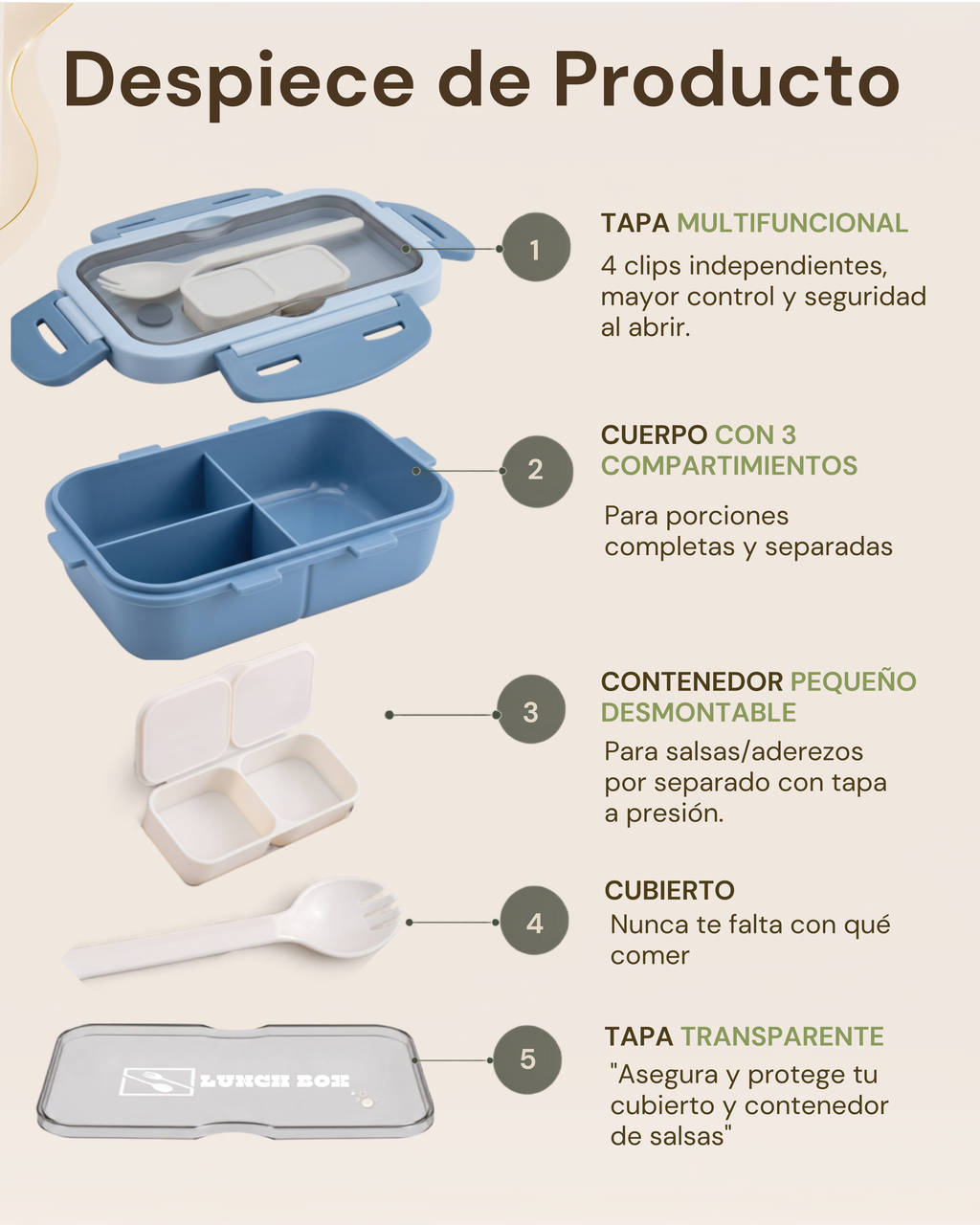 Lonchera Lunch Box de 1 Nivel con 3 Compartimentos Independientes | Plástico de Doble Pared | 840 ml