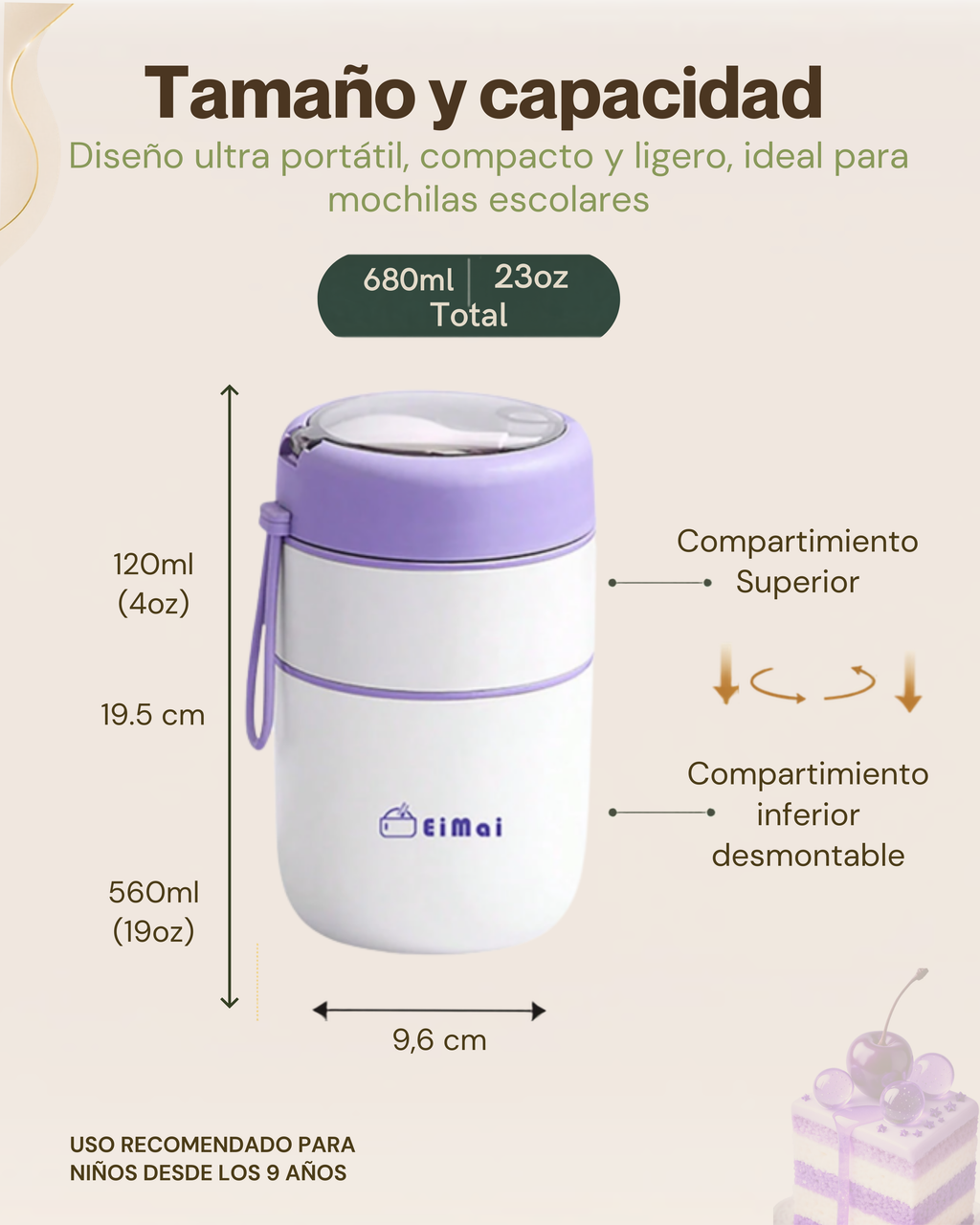 Fiambrera Térmica Sweet de 2 Niveles con Compartimentos Independientes | Acero Inoxidable 304 | 680 ml