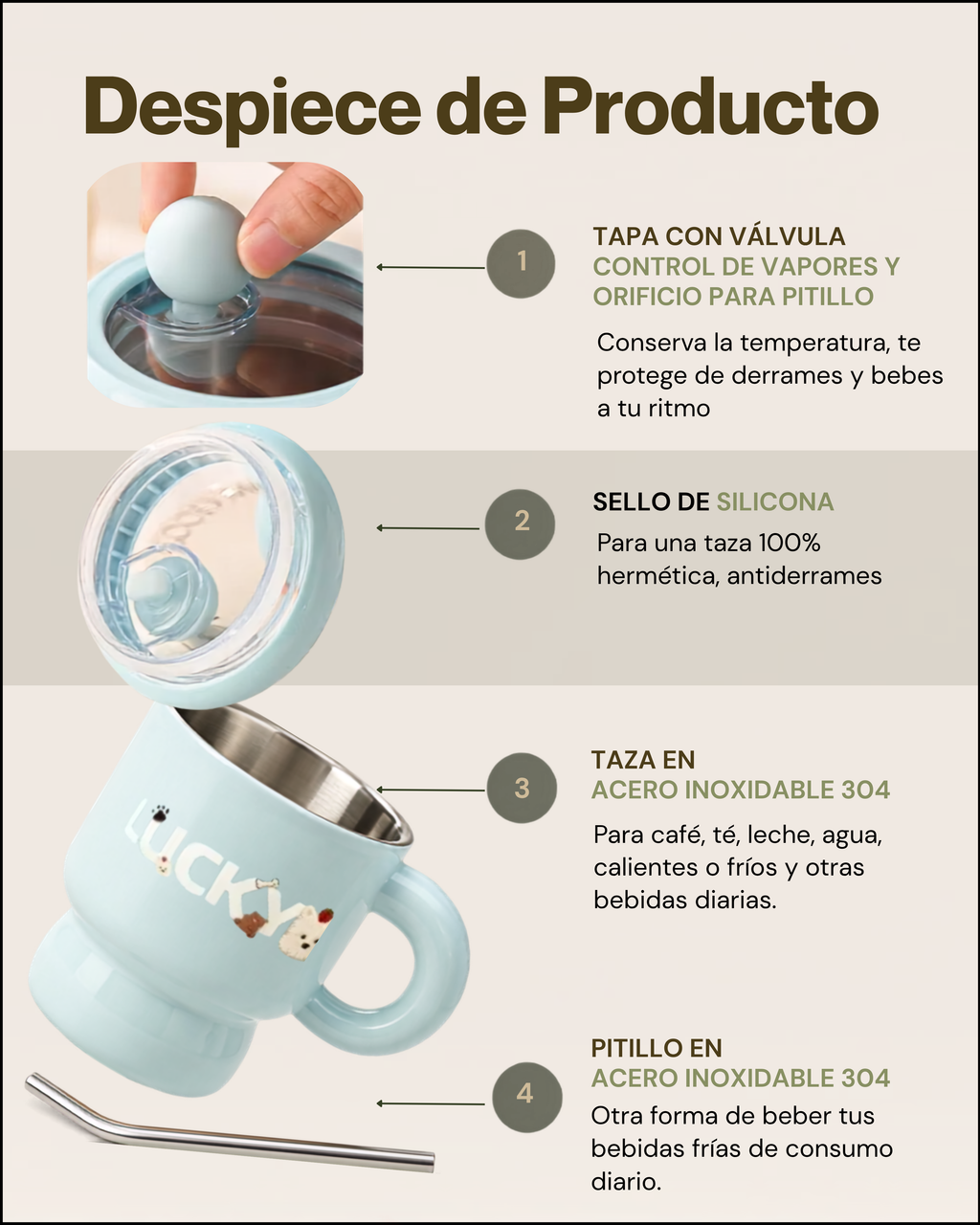 Taza Térmica Mugs LUCKY con Tapa Hermética y Pitillo | Acero Inoxidable 304 | 395 ml