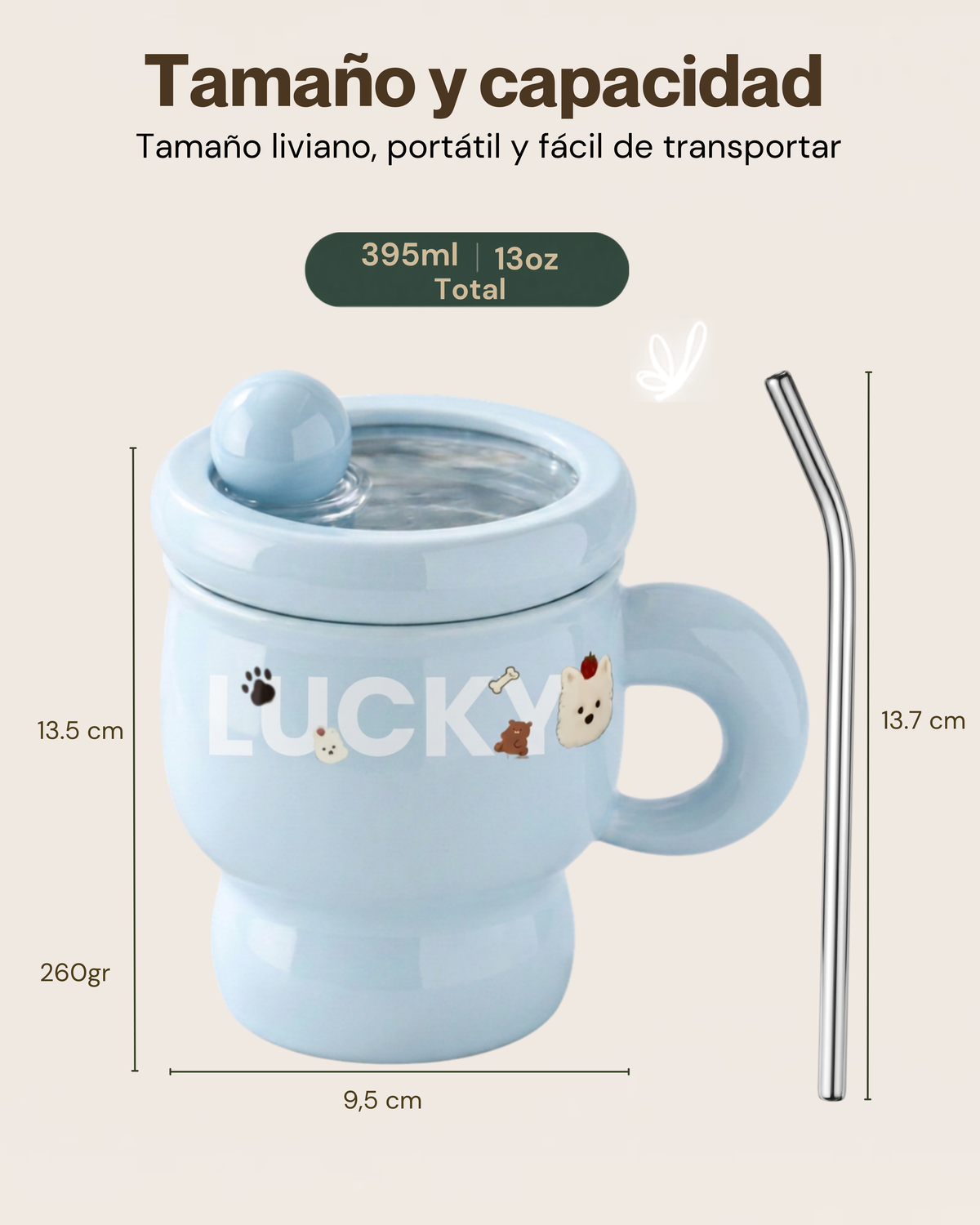 Taza Térmica Mugs LUCKY con Tapa Hermética y Pitillo | Acero Inoxidable 304 | 395 ml