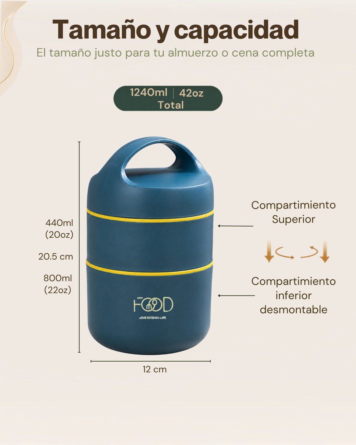 Portacomidas Térmico Premium de 2 Niveles con Compartimentos Independientes | Acero Inoxidable 304 | 1240 ml