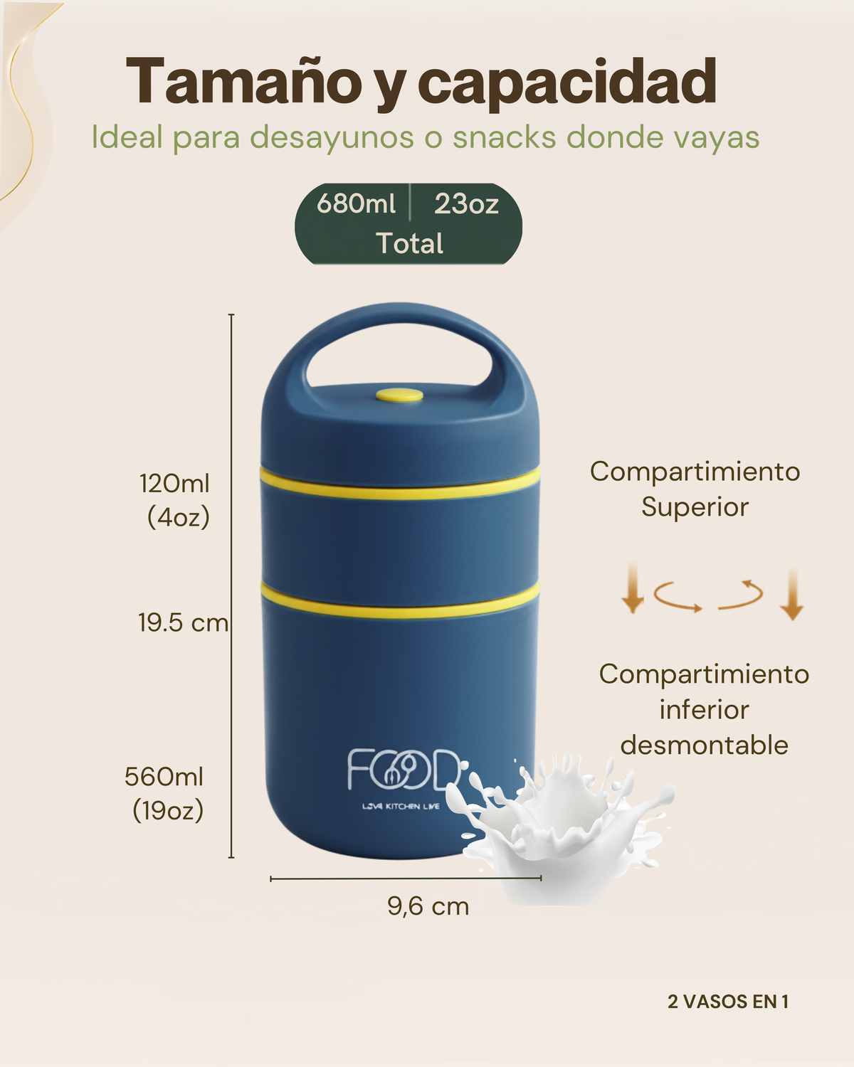 Fiambrera Térmica de 2 Niveles con Compartimentos Independientes | Acero Inoxidable 304 | 680 ml