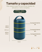 Portacomidas Térmico Premium de 3 Niveles con Compartimentos Independientes | Acero Inoxidable 304 | 1590 ml