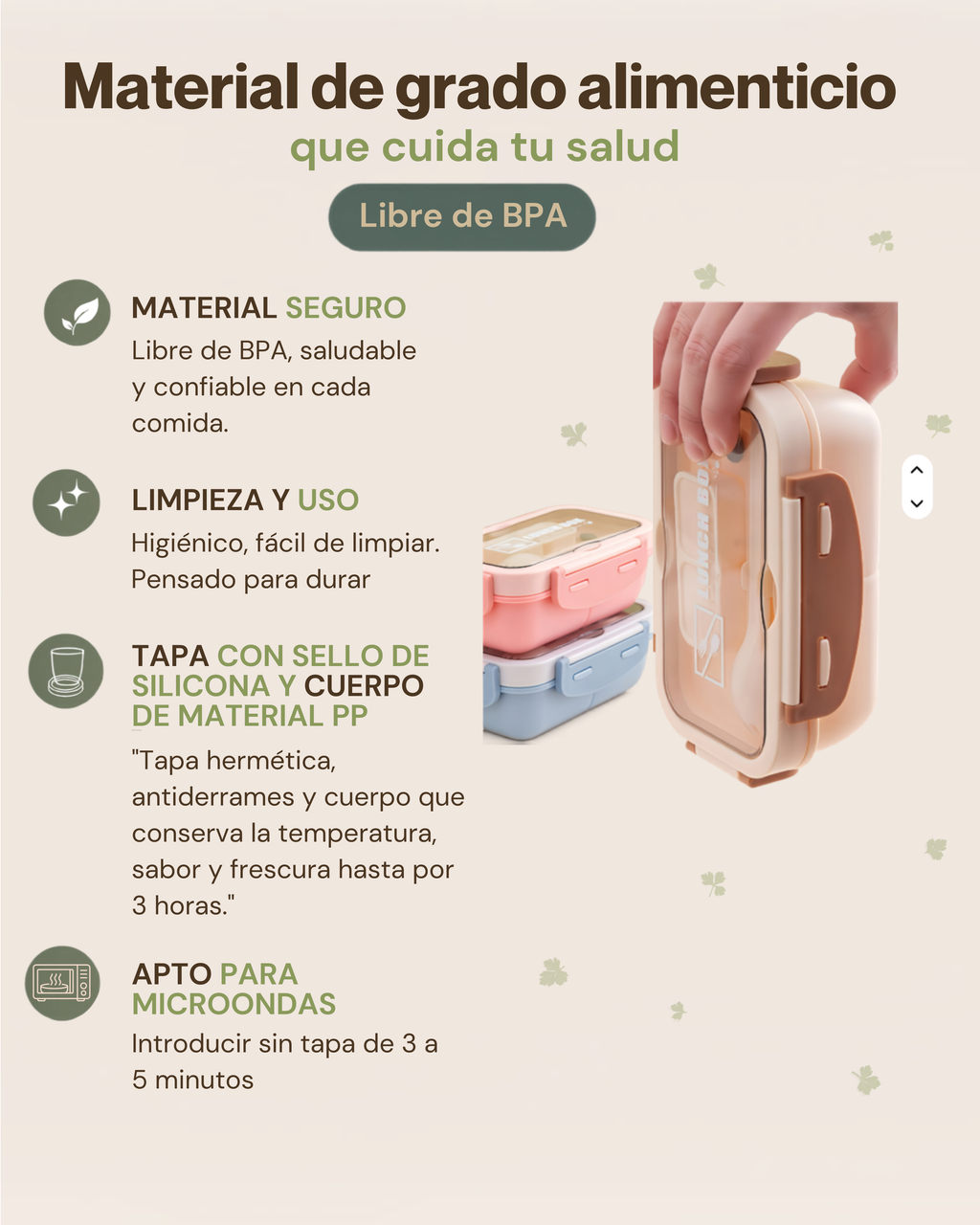 Lonchera Lunch Box de 1 Nivel con 3 Compartimentos Independientes | Plástico de Doble Pared | 840 ml