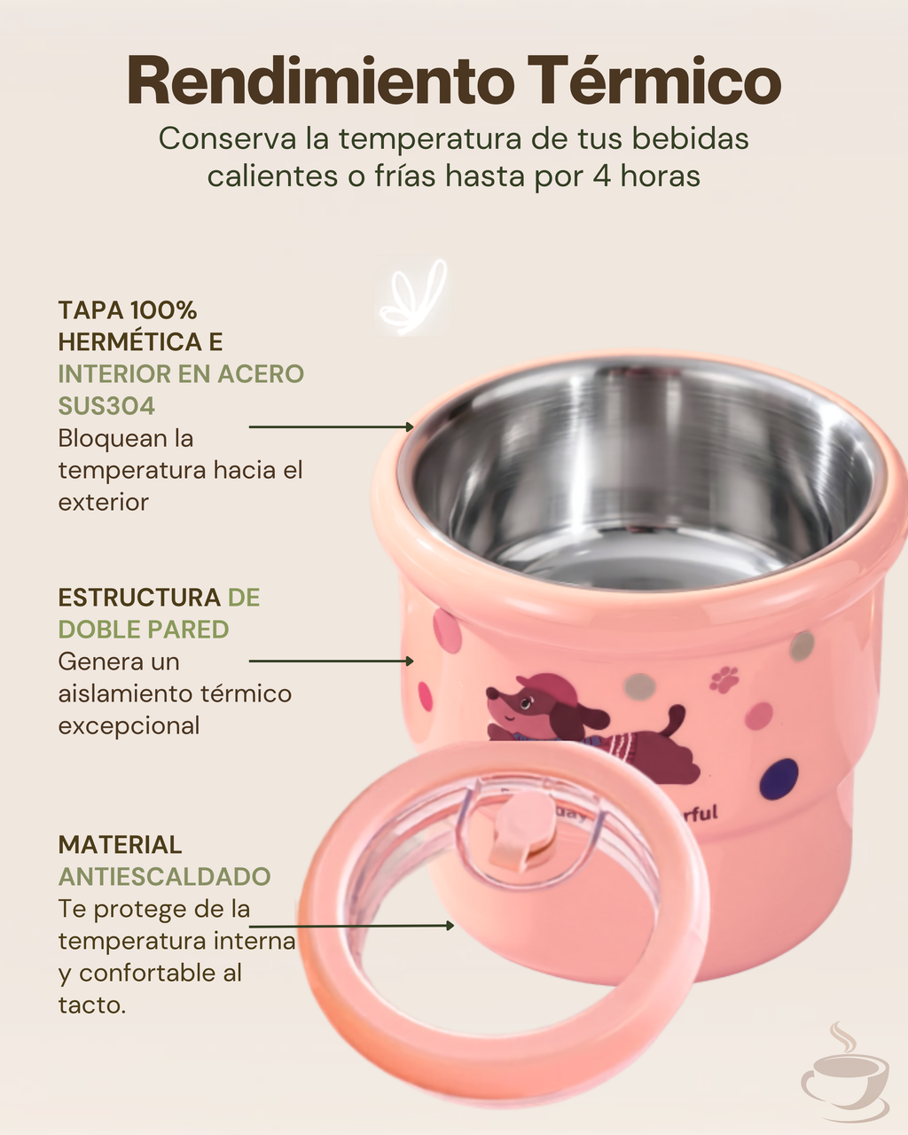 Taza Térmica de Café Kawaii con Tapa Hermética y Pitillo | Acero Inoxidable 304 | 420 ml