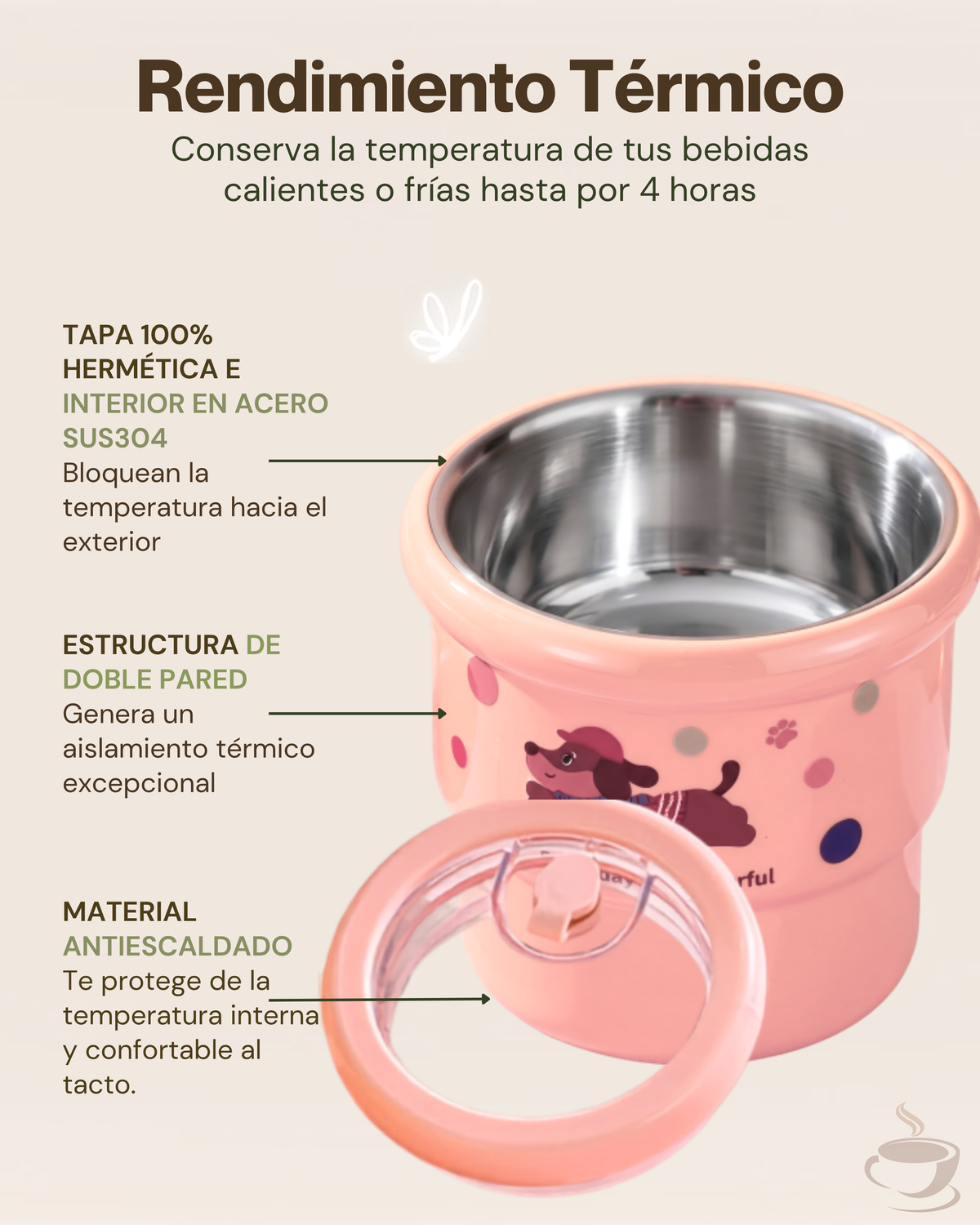 Taza Térmica de Café Kawaii con Tapa Hermética y Pitillo | Acero Inoxidable 304 | 420 ml