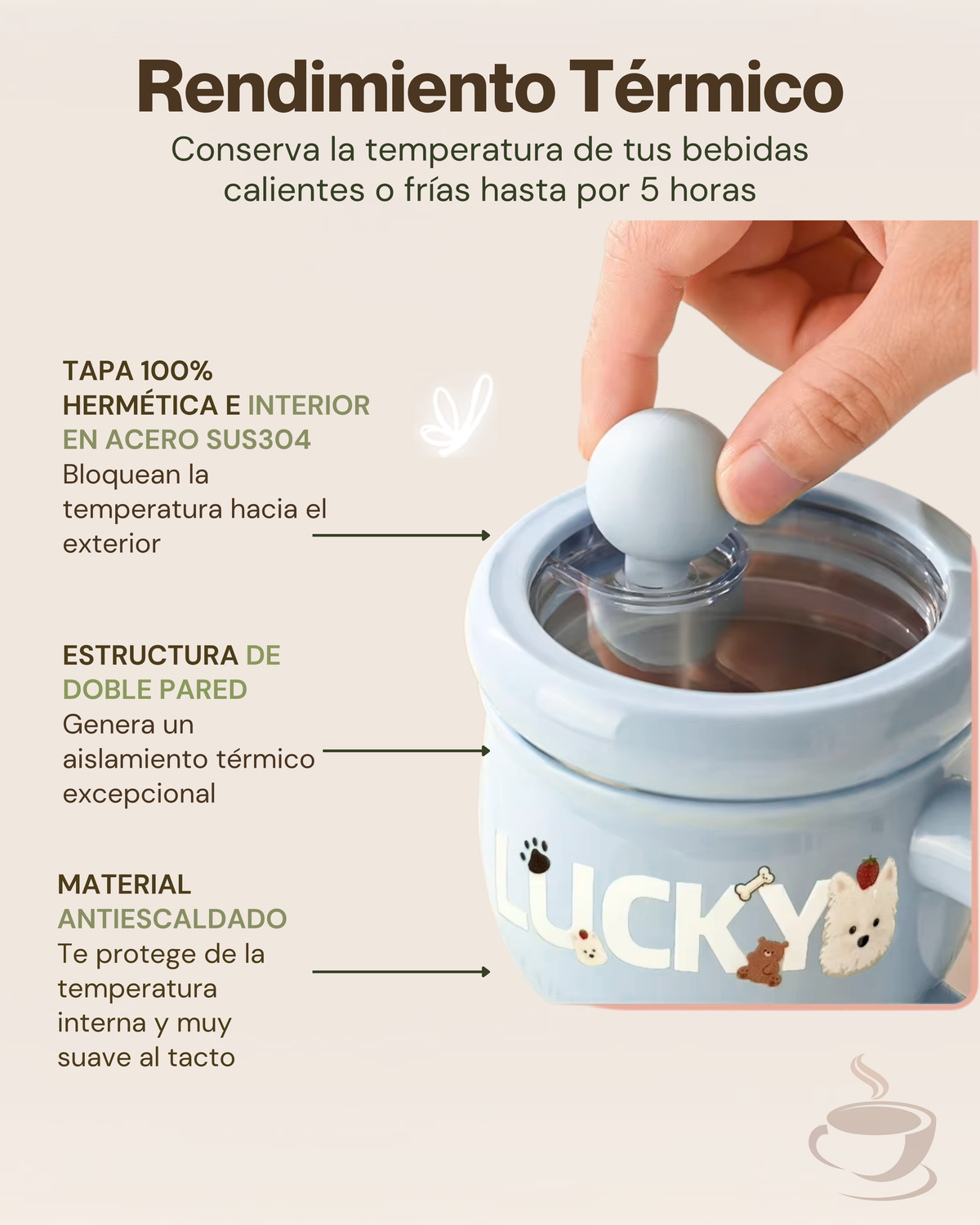 Taza Térmica Mugs LUCKY con Tapa Hermética y Pitillo | Acero Inoxidable 304 | 395 ml