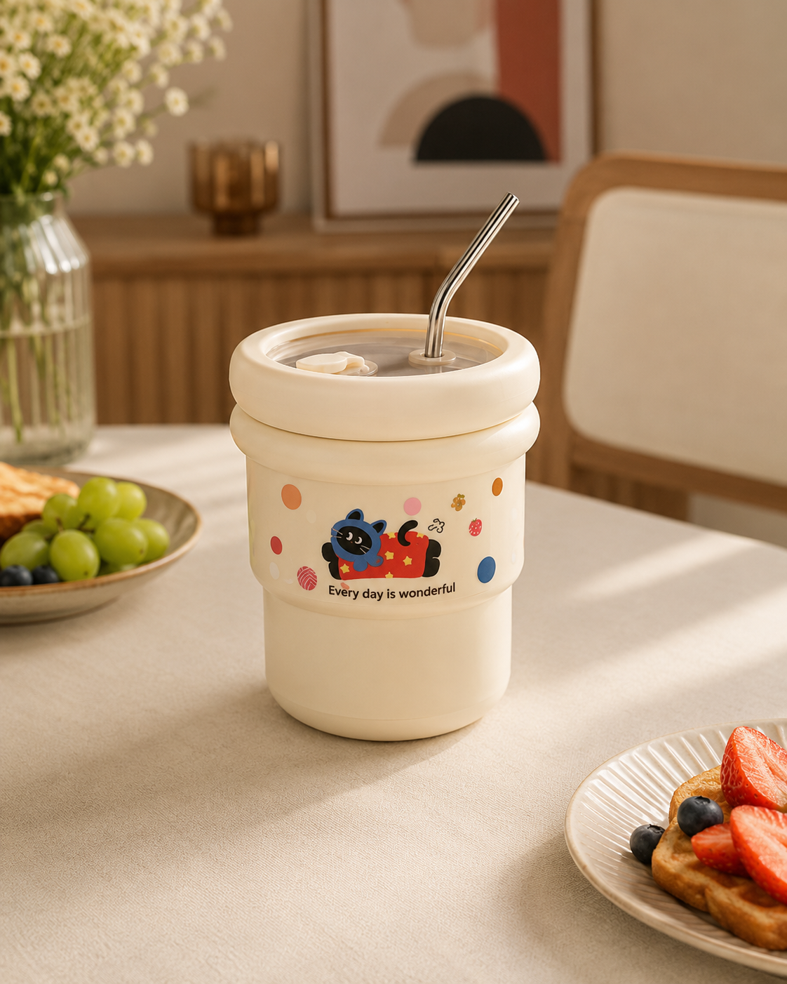 Taza de Café Kawaii con Tapa Hermética y Pitillo | Acero Inoxidable 304 | 420 ml