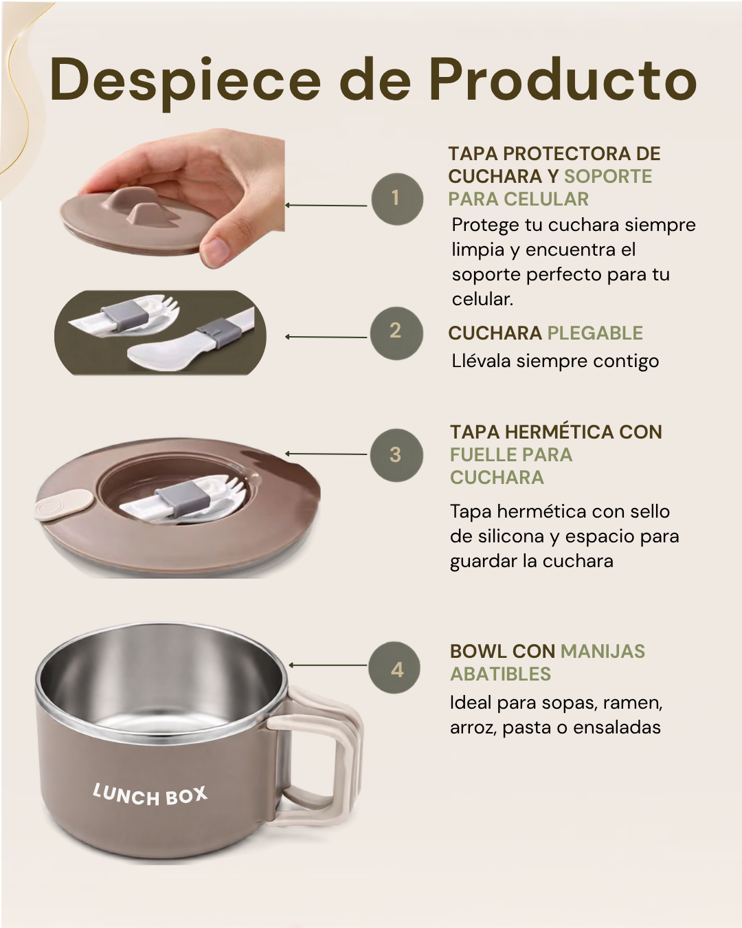 Portacomidas Térmico Premium de 1 Nivel con Asa Abatible | Acero Inoxidable 304 | 1200 ml