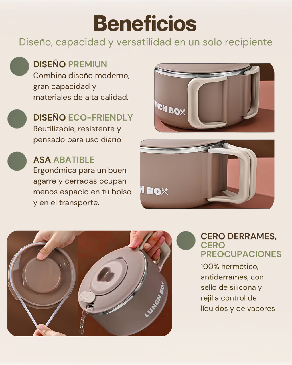 Portacomidas Térmico Premium de 1 Nivel con Asa Abatible | Acero Inoxidable 304 | 1200 ml