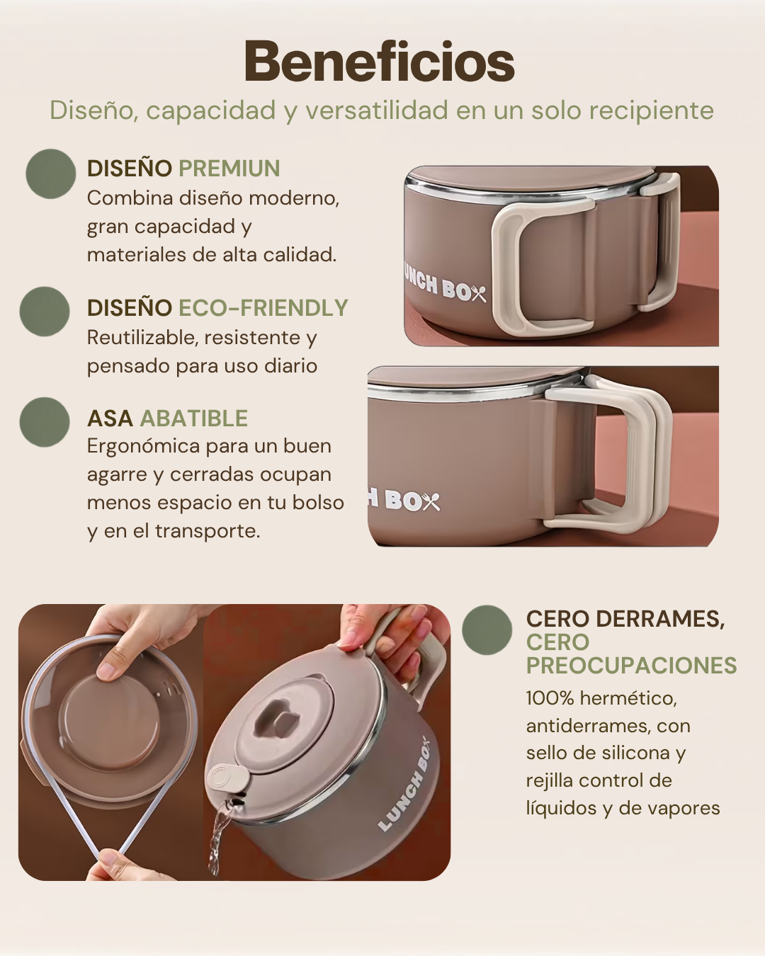Portacomidas Térmico Premium de 1 Nivel con Asa Abatible | Acero Inoxidable 304 | 1200 ml