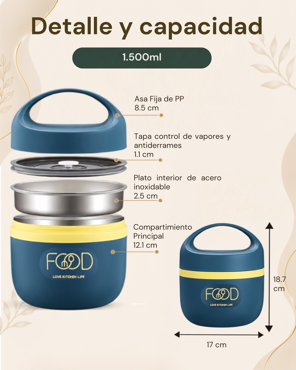 Portacomidas Térmico Premium de 1 Nivel con Plato Interior | Acero Inoxidable 304 | 1500 ml