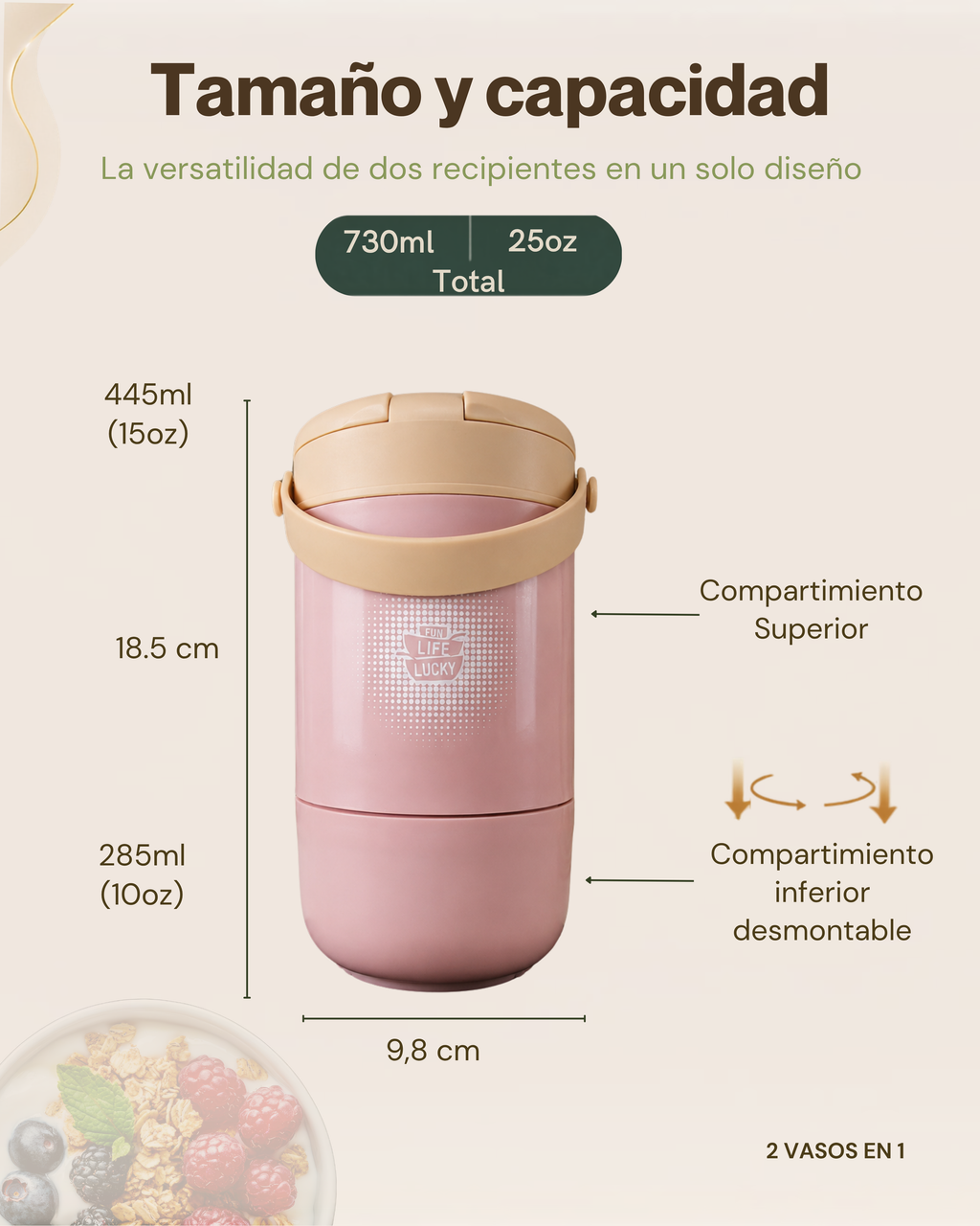 Fiambrera Térmica de 2 Niveles con Compartimentos Independientes | Plástico de Doble Pared | 730 ml