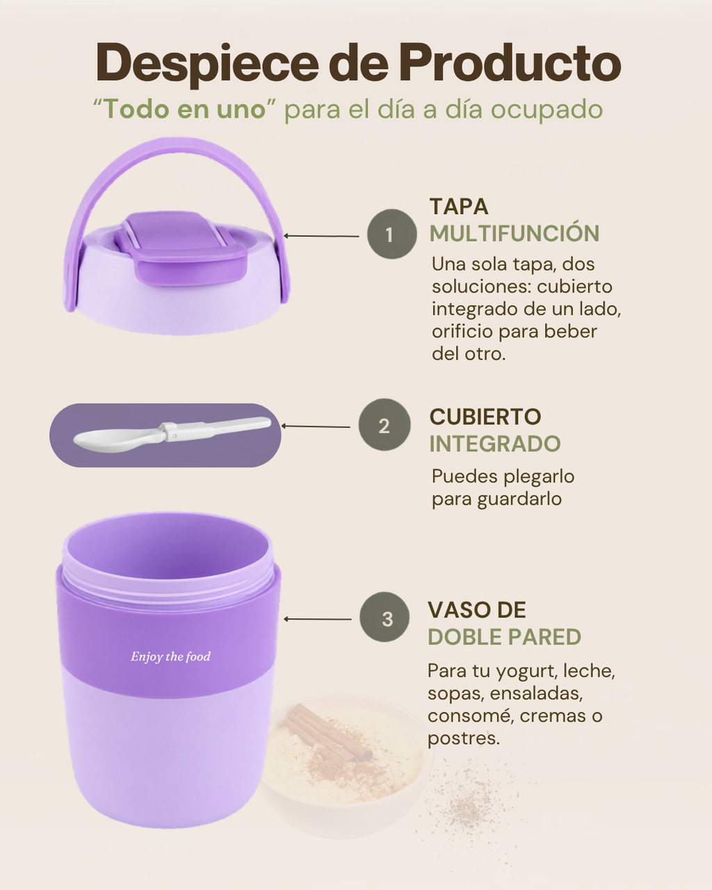 Vaso Portátil Multifuncional para Sopas & Bebidas | Plástico de Doble Pared | 600 ml