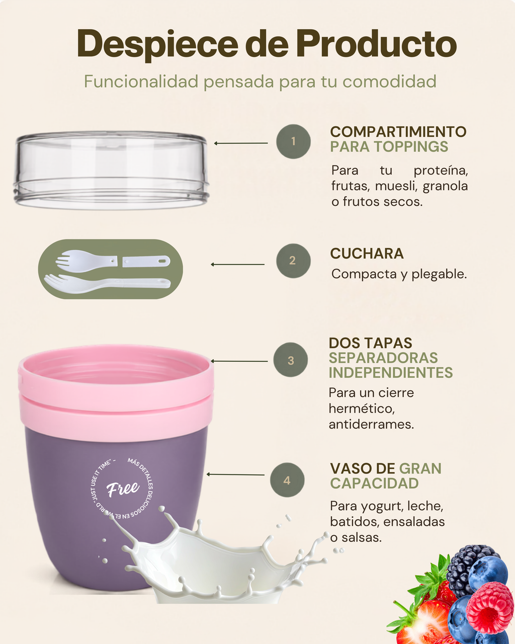 Vaso Portátil Multifuncional con Compartimiento para Toppings | Plástico de Doble Pared | 750 ml