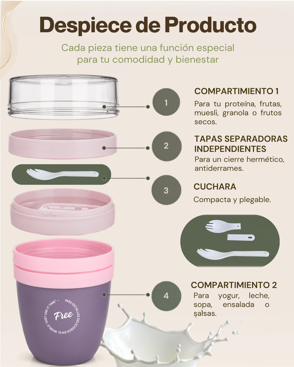 Vaso Portátil Multifuncional con Compartimiento para Toppings | Plástico de Doble Pared | 730 ml