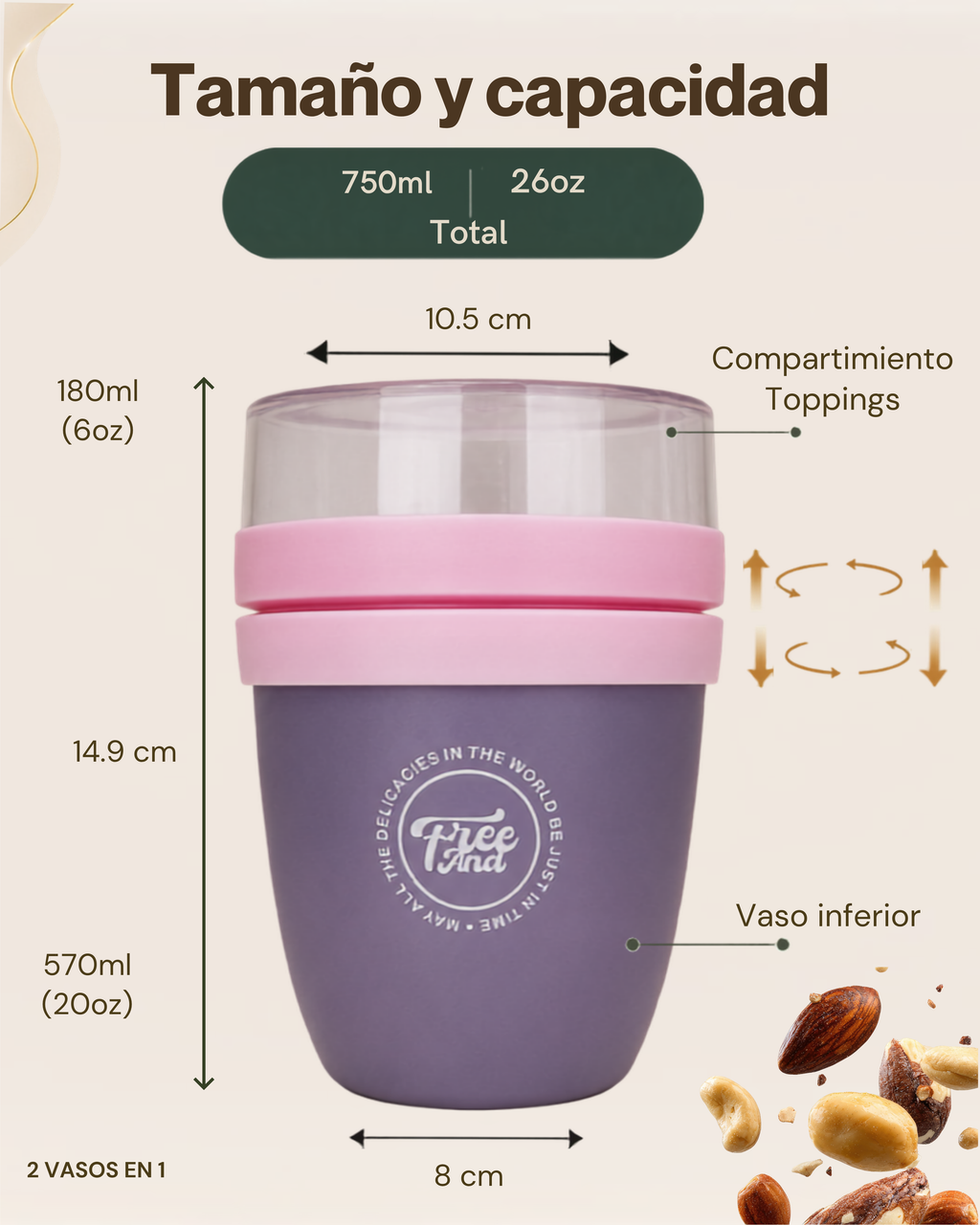 Vaso Portátil Multifuncional con Compartimiento para Toppings | Plástico de Doble Pared | 730 ml