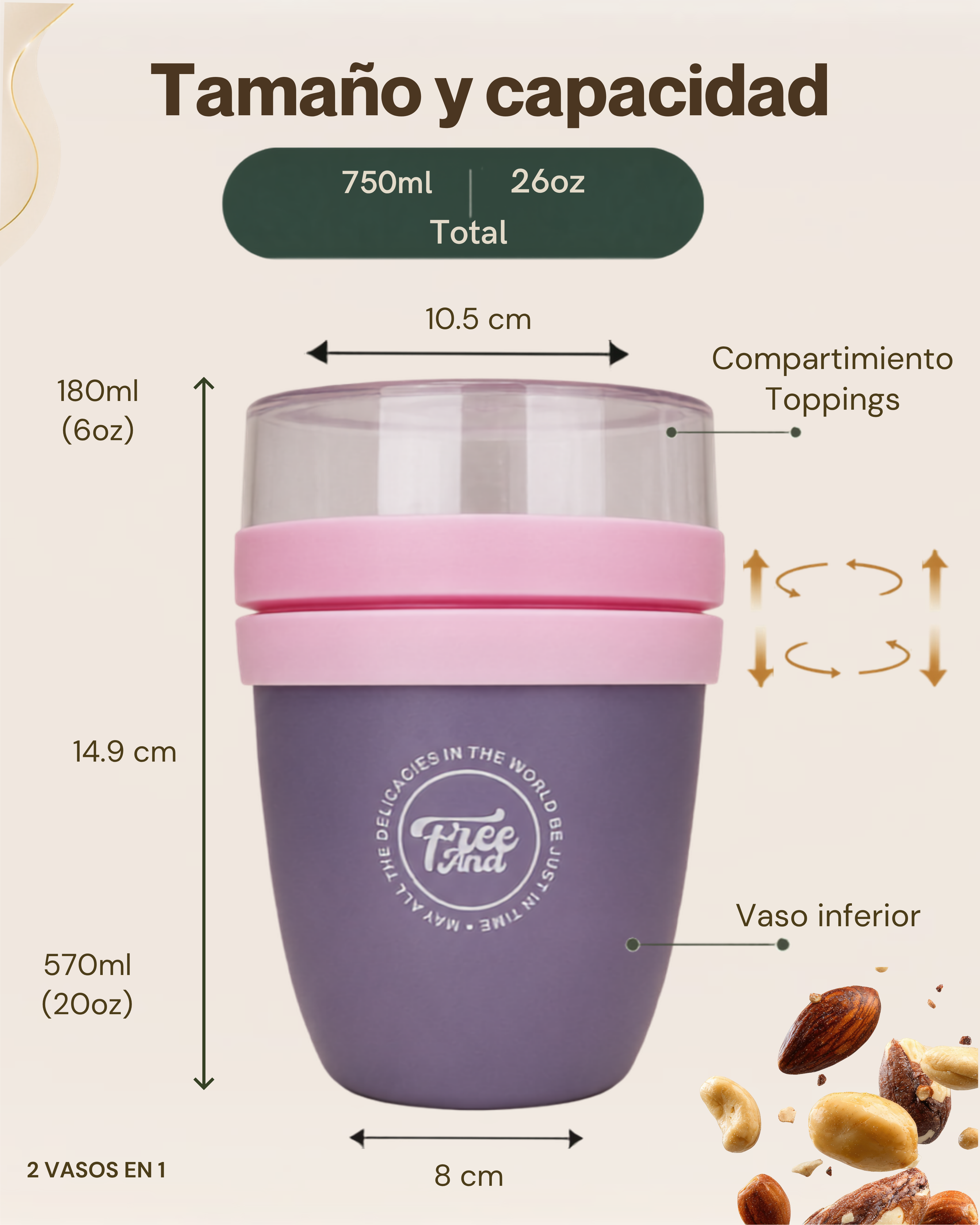 Vaso Portátil Multifuncional con Compartimiento para Toppings | Plástico de Doble Pared | 730 ml
