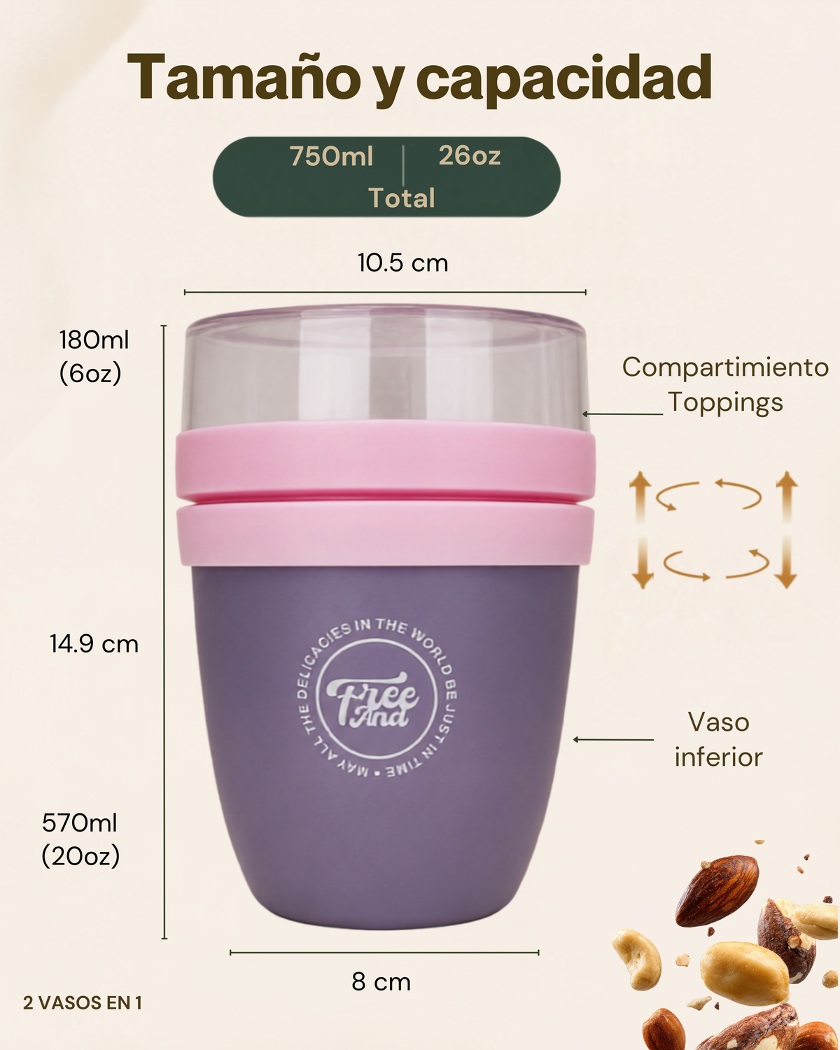 Vaso Portátil Multifuncional con Compartimiento para Toppings | Plástico de Doble Pared | 750 ml